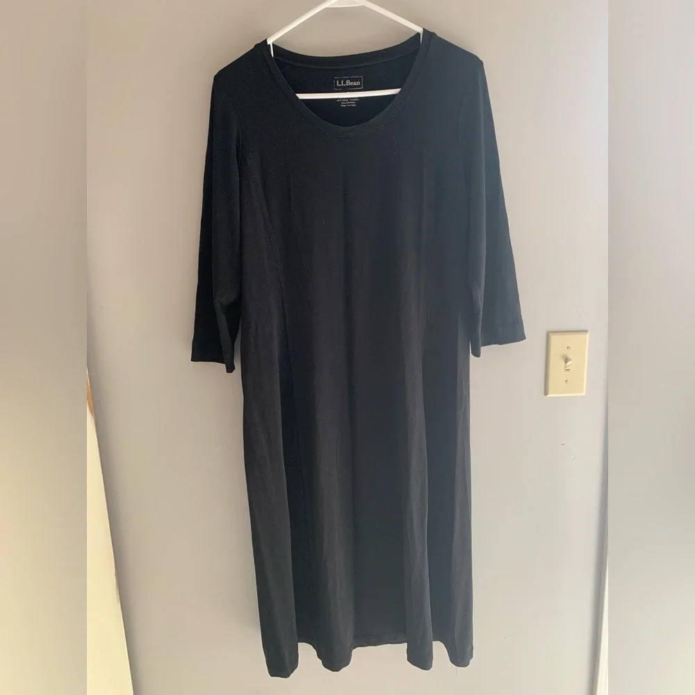 Womens L.L. Bean Black 3/4 Sleeve Crew Neck Long Minimalist T Shirt Dress Sz S